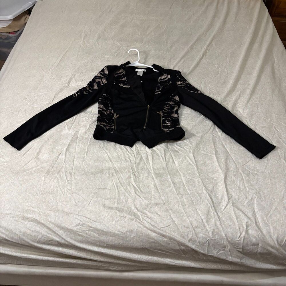 A'GACI black zip up jacket w/lace panel sleeves/sides small
